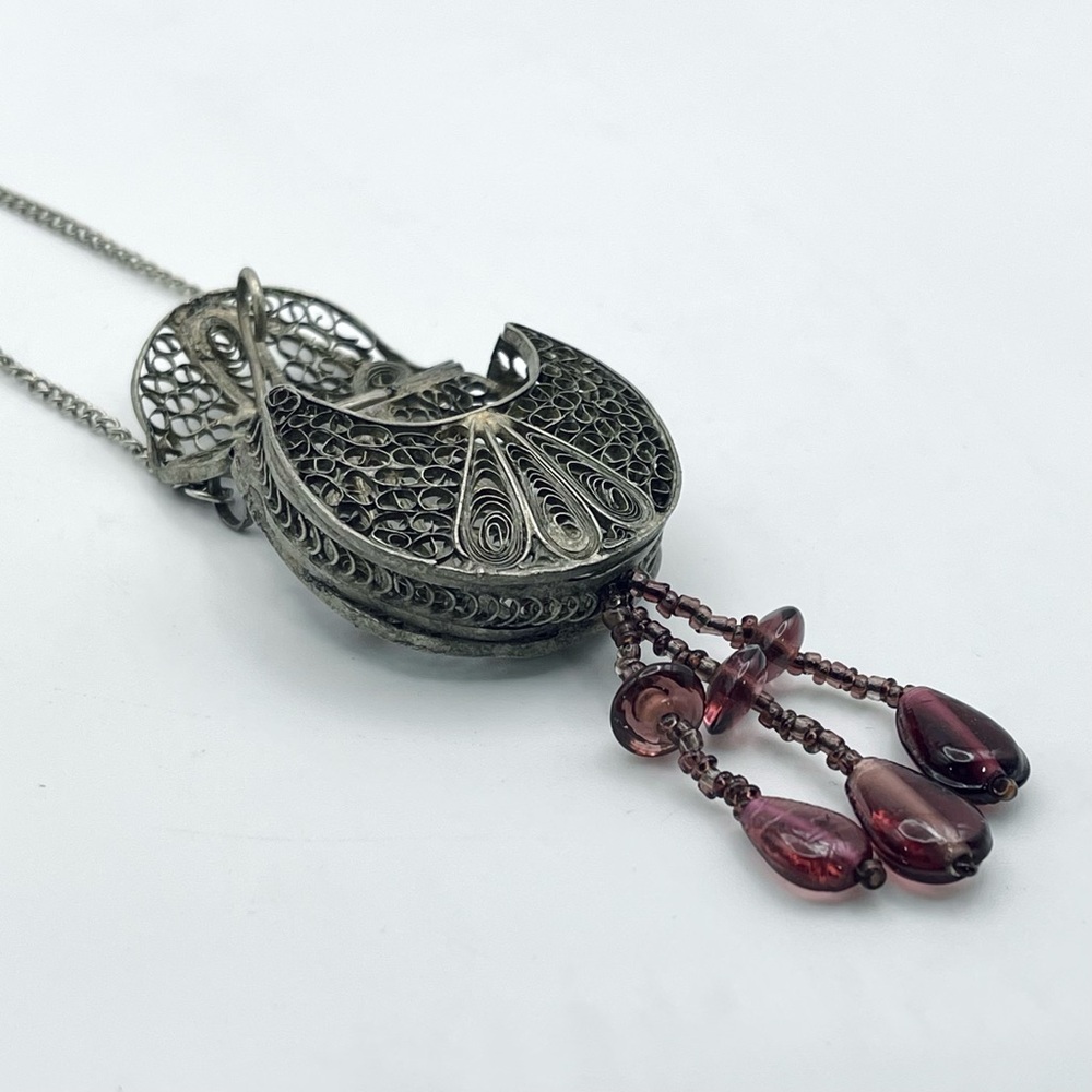 Antique Silver Filigree Purse Pendant Necklace With Amethyst Accents - Picture 8 of 15